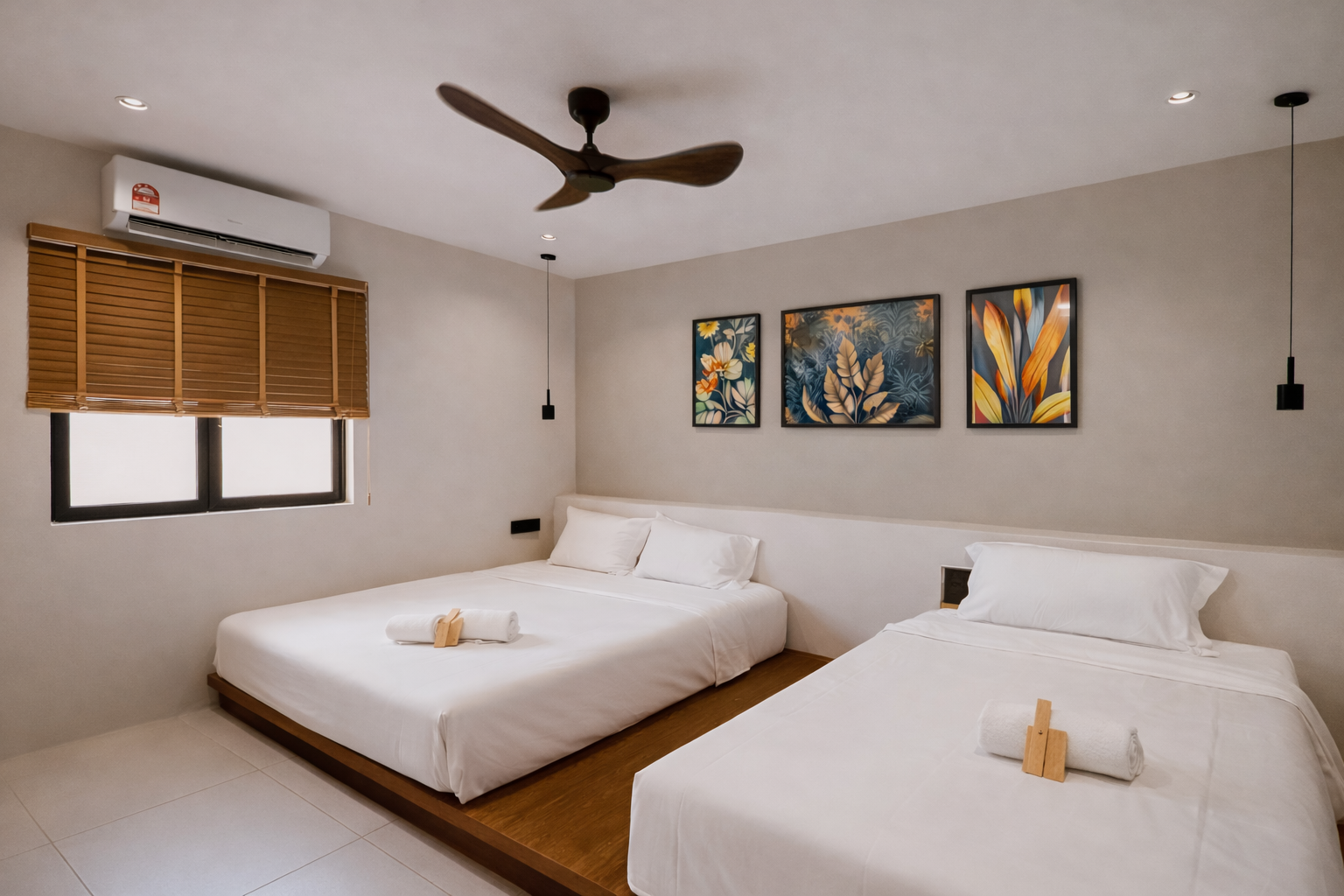 A queen bed and a single bed in an air-conditioned room.